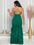 Yooulike V-Neck Backless Ruffle Trim Mermaid Hem Cami Party Elegant Gown Dress