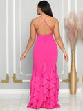 Yooulike V-Neck Backless Ruffle Trim Mermaid Hem Cami Party Elegant Gown Dress