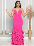 Yooulike V-Neck Backless Ruffle Trim Mermaid Hem Cami Party Elegant Gown Dress