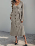 Yooulike Ribbed Mock Button Dress V-Neck Single Breasted Belt Lace Up Long Sleeve Chic Elegan Casual Midi Dress