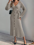 Yooulike Ribbed Mock Button Dress V-Neck Single Breasted Belt Lace Up Long Sleeve Chic Elegan Casual Midi Dress