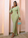 Yooulike Solid Color Bodycon Backless Mermaid Dress Round Neck Long Sleeve Chic Elegant Evening Party Prom Long Dress