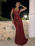 Yooulike Side Draped Mermaid Sparkly Prom Dress Square Neck Sleeveless Chic Elegant Evening Party Long Ball Gown Dress