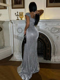 Yooulike Side Draped Mermaid Sparkly Prom Dress Square Neck Sleeveless Chic Elegant Evening Party Long Ball Gown Dress