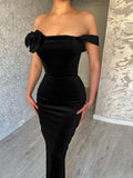 Yooulike Off Shoulder Pleuche Stereo Flower Sleeveless Chic Elegant Wedding Bodycon Long Dress