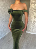 Yooulike Off Shoulder Pleuche Stereo Flower Sleeveless Chic Elegant Wedding Bodycon Long Dress