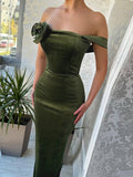 Yooulike Off Shoulder Pleuche Stereo Flower Sleeveless Chic Elegant Wedding Bodycon Long Dress