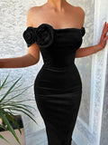 Yooulike Off Shoulder Pleuche Stereo Flower Sleeveless Chic Elegant Wedding Bodycon Long Dress