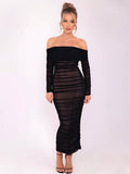 Yooulike Solid Color Ruched Off Shoulder Mesh Bodycon Dress Slit Bandeau Long Sleeve Chic Elegant Evening Party Long Dress