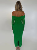 Yooulike Solid Color Ruched Off Shoulder Mesh Bodycon Dress Slit Bandeau Long Sleeve Chic Elegant Evening Party Long Dress