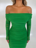 Yooulike Solid Color Ruched Off Shoulder Mesh Bodycon Dress Slit Bandeau Long Sleeve Chic Elegant Evening Party Long Dress