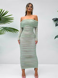 Yooulike Solid Color Ruched Off Shoulder Mesh Bodycon Dress Slit Bandeau Long Sleeve Chic Elegant Evening Party Long Dress