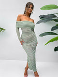 Yooulike Solid Color Ruched Off Shoulder Mesh Bodycon Dress Slit Bandeau Long Sleeve Chic Elegant Evening Party Long Dress