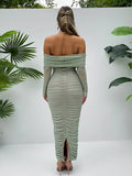 Yooulike Solid Color Ruched Off Shoulder Mesh Bodycon Dress Slit Bandeau Long Sleeve Chic Elegant Evening Party Long Dress