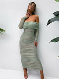 Yooulike Solid Color Ruched Off Shoulder Mesh Bodycon Dress Slit Bandeau Long Sleeve Chic Elegant Evening Party Long Dress