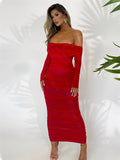 Yooulike Solid Color Ruched Off Shoulder Mesh Bodycon Dress Slit Bandeau Long Sleeve Chic Elegant Evening Party Long Dress