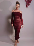 Yooulike Solid Color Ruched Off Shoulder Mesh Bodycon Dress Slit Bandeau Long Sleeve Chic Elegant Evening Party Long Dress