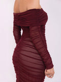 Yooulike Solid Color Ruched Off Shoulder Mesh Bodycon Dress Slit Bandeau Long Sleeve Chic Elegant Evening Party Long Dress