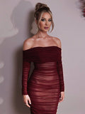 Yooulike Solid Color Ruched Off Shoulder Mesh Bodycon Dress Slit Bandeau Long Sleeve Chic Elegant Evening Party Long Dress