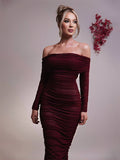 Yooulike Solid Color Ruched Off Shoulder Mesh Bodycon Dress Slit Bandeau Long Sleeve Chic Elegant Evening Party Long Dress