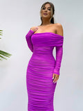 Yooulike Solid Color Ruched Off Shoulder Mesh Bodycon Dress Slit Bandeau Long Sleeve Chic Elegant Evening Party Long Dress