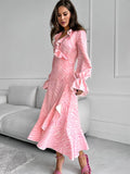 Yooulike Pink Printed Ruffled Side Slit Mermaid Party Dress V-Neck Bell Sleeve Long Sleeve Elegant Chic Prom Contrast Long Dress