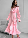 Yooulike Pink Printed Ruffled Side Slit Mermaid Party Dress V-Neck Bell Sleeve Long Sleeve Elegant Chic Prom Contrast Long Dress