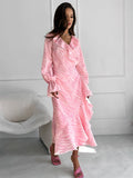 Yooulike Pink Printed Ruffled Side Slit Mermaid Party Dress V-Neck Bell Sleeve Long Sleeve Elegant Chic Prom Contrast Long Dress