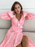 Yooulike Pink Printed Ruffled Side Slit Mermaid Party Dress V-Neck Bell Sleeve Long Sleeve Elegant Chic Prom Contrast Long Dress