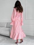 Yooulike Pink Printed Ruffled Side Slit Mermaid Party Dress V-Neck Bell Sleeve Long Sleeve Elegant Chic Prom Contrast Long Dress