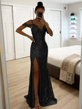 Yooulike Sequin Side Slit Gown Dress V-Neck Spaghetti Straps Sleeveless Chic Elegant Evening Party Ceremony Ball Long Dress