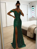 Yooulike Sequin Side Slit Gown Dress V-Neck Spaghetti Straps Sleeveless Chic Elegant Evening Party Ceremony Ball Long Dress