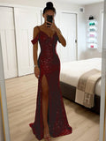 Yooulike Sequin Side Slit Gown Dress V-Neck Spaghetti Straps Sleeveless Chic Elegant Evening Party Ceremony Ball Long Dress