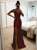 Yooulike Sequin Side Slit Gown Dress V-Neck Spaghetti Straps Sleeveless Chic Elegant Evening Party Ceremony Ball Long Dress