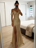 Yooulike Sequin Side Slit Gown Dress V-Neck Spaghetti Straps Sleeveless Chic Elegant Evening Party Ceremony Ball Long Dress