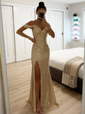 Yooulike Sequin Side Slit Gown Dress V-Neck Spaghetti Straps Sleeveless Chic Elegant Evening Party Ceremony Ball Long Dress