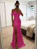 Yooulike Sequin Side Slit Gown Dress V-Neck Spaghetti Straps Sleeveless Chic Elegant Evening Party Ceremony Ball Long Dress