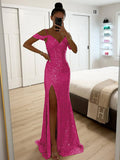 Yooulike Sequin Side Slit Gown Dress V-Neck Spaghetti Straps Sleeveless Chic Elegant Evening Party Ceremony Ball Long Dress