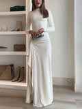 Yooulike Irregular Ruffle Bodycon Dress Round Neck Side Slit Long Sleeve Elegan Chic Ceremony Prom Long Dress