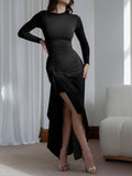 Yooulike Irregular Ruffle Bodycon Dress Round Neck Side Slit Long Sleeve Elegan Chic Ceremony Prom Long Dress