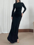 Yooulike Irregular Ruffle Bodycon Dress Round Neck Side Slit Long Sleeve Elegan Chic Ceremony Prom Long Dress