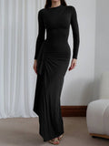 Yooulike Irregular Ruffle Bodycon Dress Round Neck Side Slit Long Sleeve Elegan Chic Ceremony Prom Long Dress