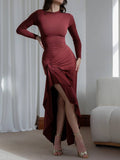 Yooulike Irregular Ruffle Bodycon Dress Round Neck Side Slit Long Sleeve Elegan Chic Ceremony Prom Long Dress