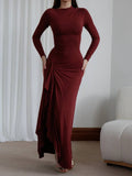 Yooulike Irregular Ruffle Bodycon Dress Round Neck Side Slit Long Sleeve Elegan Chic Ceremony Prom Long Dress