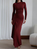 Yooulike Irregular Ruffle Bodycon Dress Round Neck Side Slit Long Sleeve Elegan Chic Ceremony Prom Long Dress