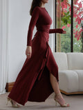 Yooulike Irregular Ruffle Bodycon Dress Round Neck Side Slit Long Sleeve Elegan Chic Ceremony Prom Long Dress