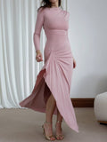 Yooulike Irregular Ruffle Bodycon Dress Round Neck Side Slit Long Sleeve Elegan Chic Ceremony Prom Long Dress