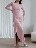 Yooulike Irregular Ruffle Bodycon Dress Round Neck Side Slit Long Sleeve Elegan Chic Ceremony Prom Long Dress