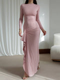 Yooulike Irregular Ruffle Bodycon Dress Round Neck Side Slit Long Sleeve Elegan Chic Ceremony Prom Long Dress