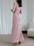 Yooulike Irregular Ruffle Bodycon Dress Round Neck Side Slit Long Sleeve Elegan Chic Ceremony Prom Long Dress